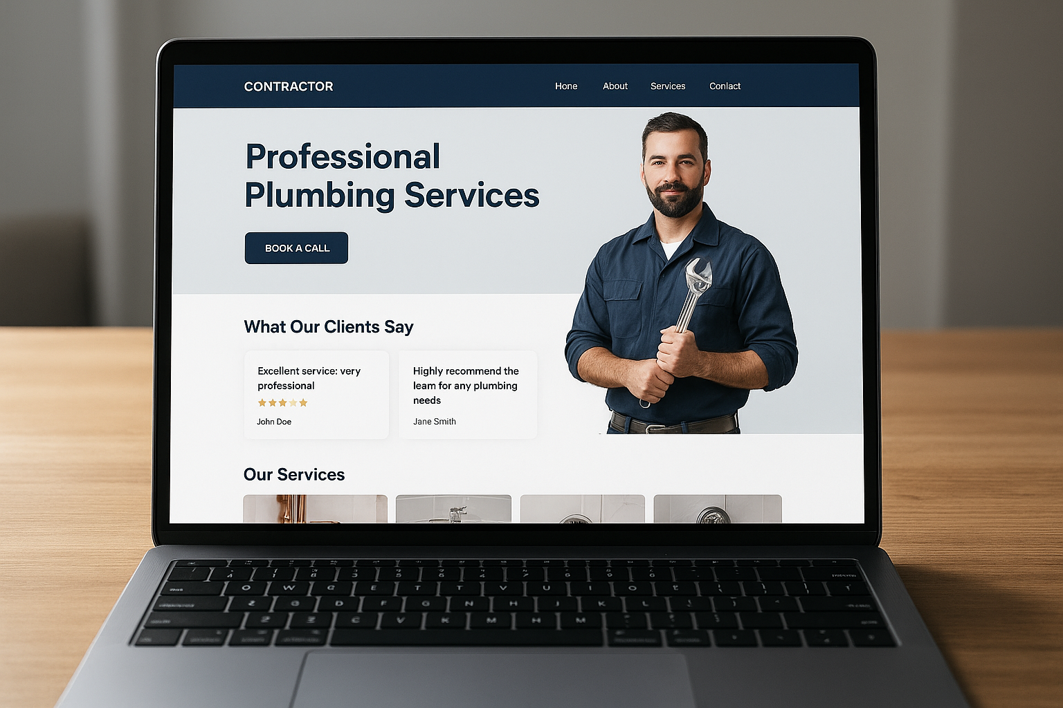 Professional contractor website displayed on laptop