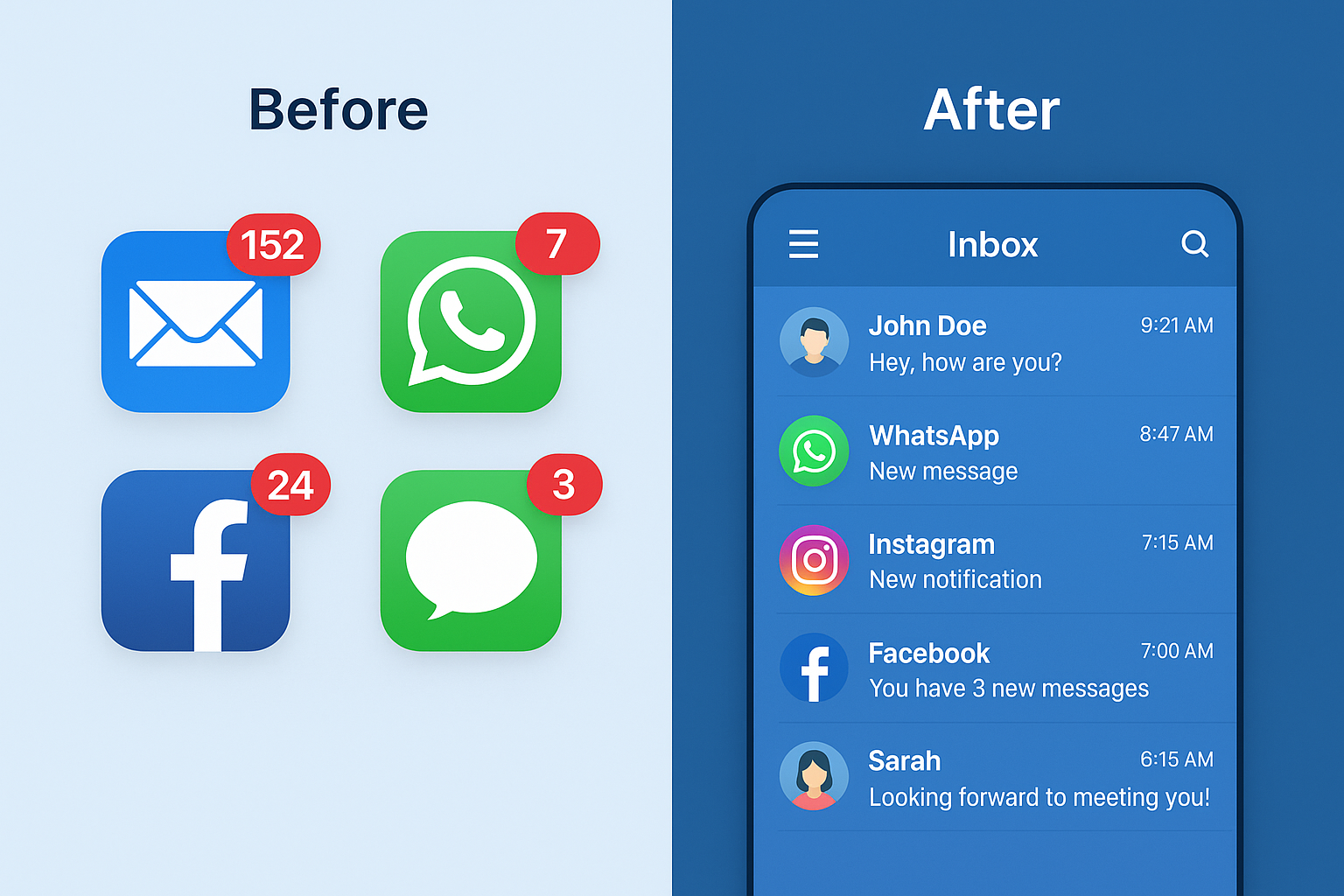 Unified inbox app showing messages from Email, WhatsApp, Instagram, Facebook, and SMS in one place